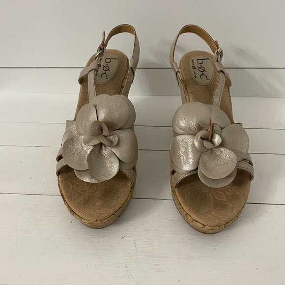 Boc Born Concepts Champagne Metallic Leather Flower Cork Wedge Sandals, Size 11 - Picture 11 of 14